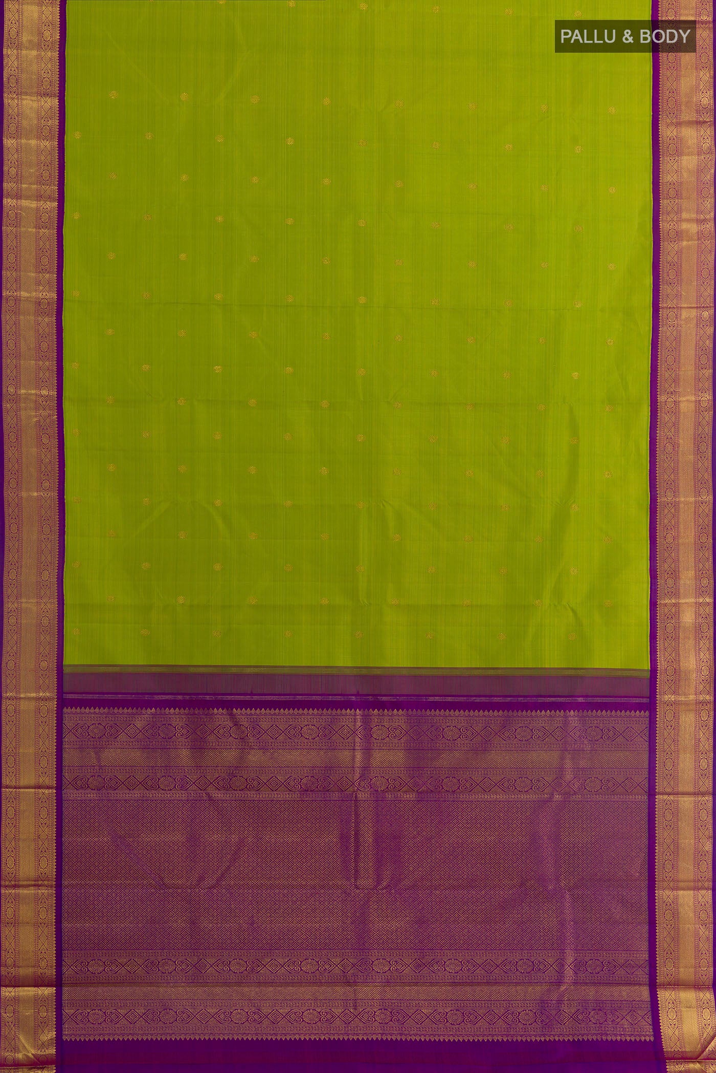 Flat view of Green Kanjivaram Silk Saree with Zari Butta on the body and Zari Border. 