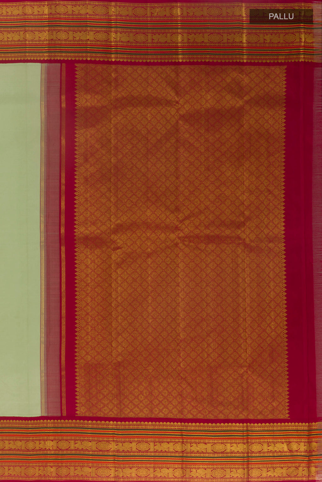 Close up image of the pallu of Mint Green Kanjivaram Silk Saree with Plain Body and Zari Border. 