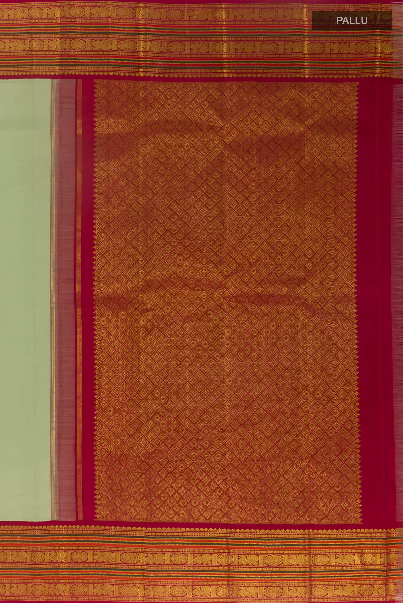 Close up image of the pallu of Mint Green Kanjivaram Silk Saree with Plain Body and Zari Border. 