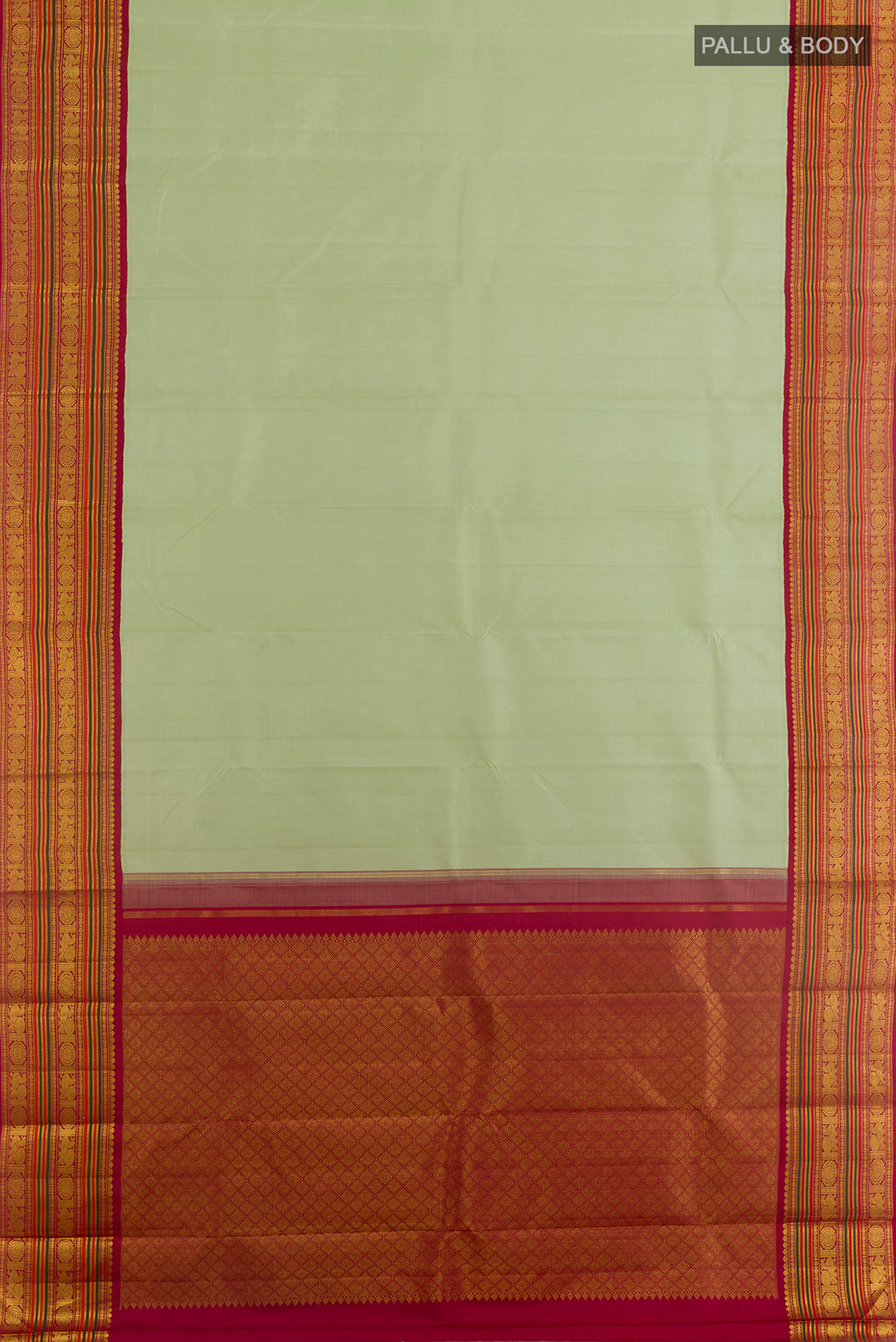 Flat view of Mint Green Kanjivaram Silk Saree with Plain Body and Zari Border. 