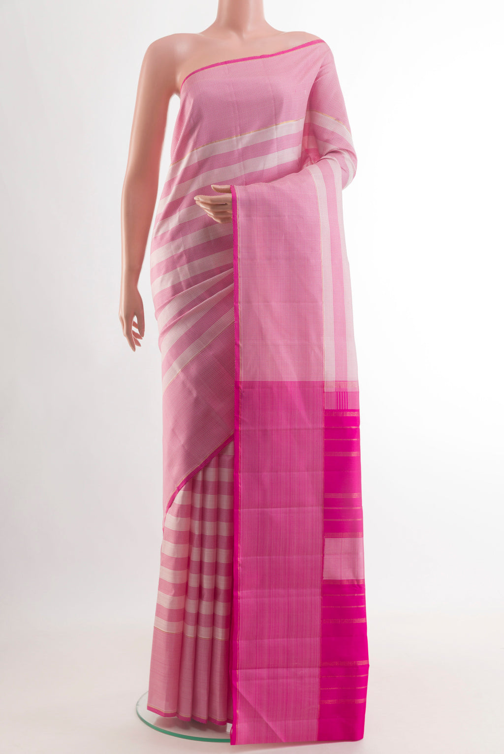 Pink Kanchipuram Silk Saree with Checked design on the body and Without Border.  displayed on a mannequin