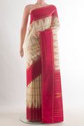 Pure Silk Off White Kanjivaram Saree with Checked design on the body and Temple Border.  displayed on a mannequin