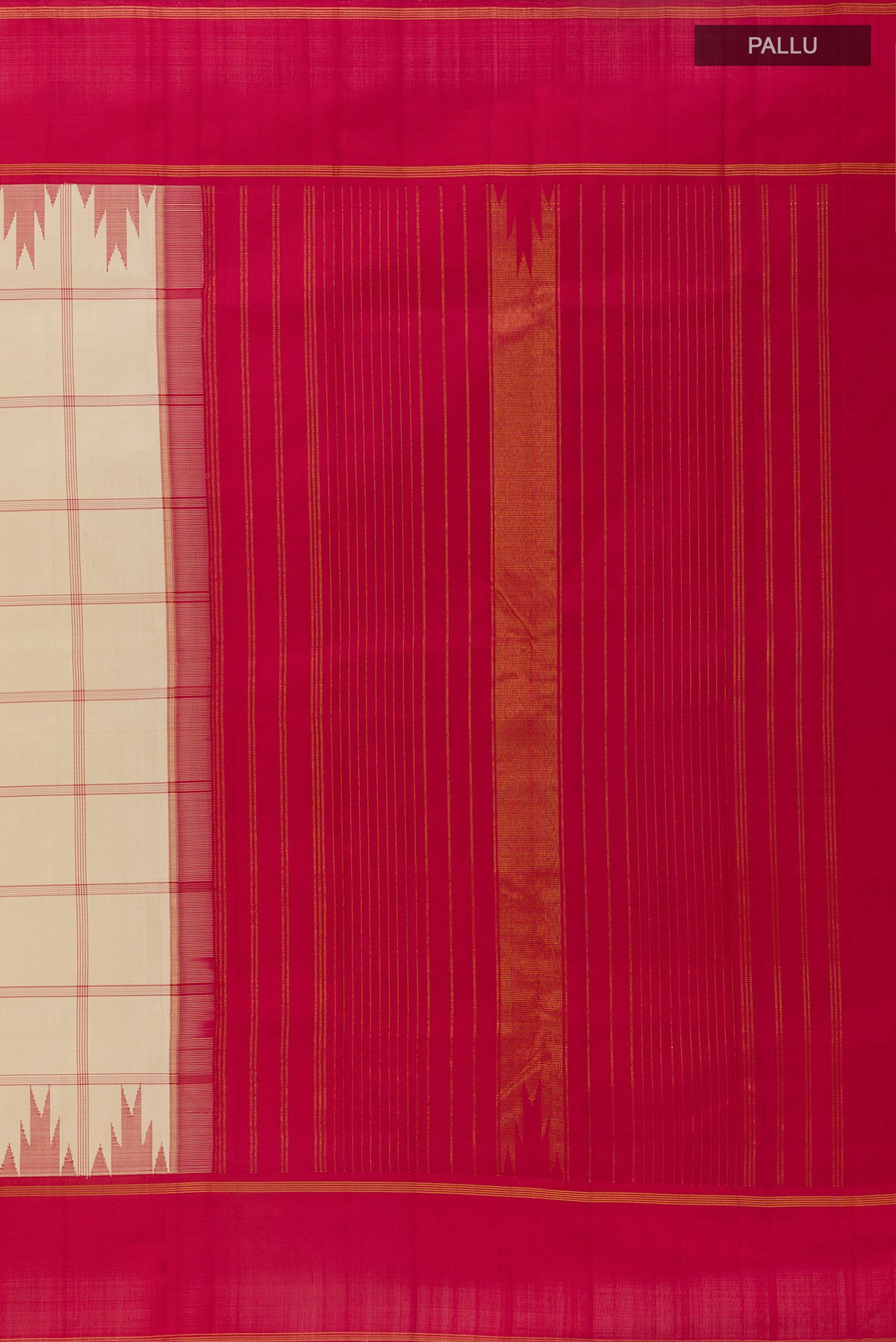 Close up image of the pallu of Pure Silk Off White Kanjivaram Saree with Checked design on the body and Temple Border. 