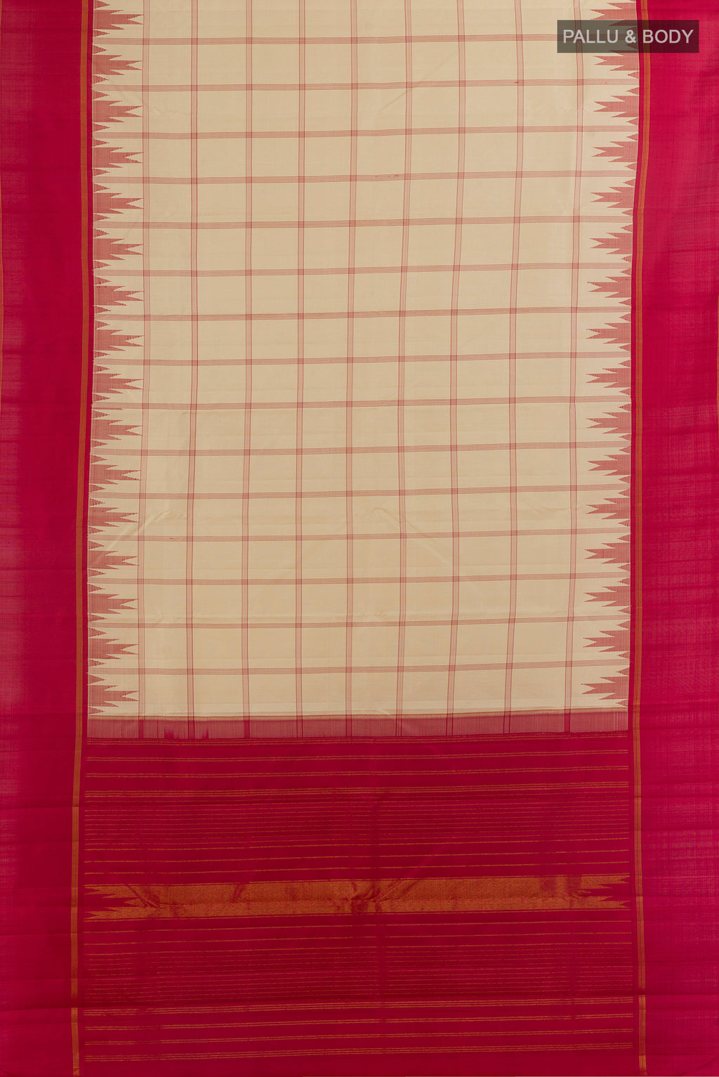 Flat view of Pure Silk Off White Kanjivaram Saree with Checked design on the body and Temple Border. 