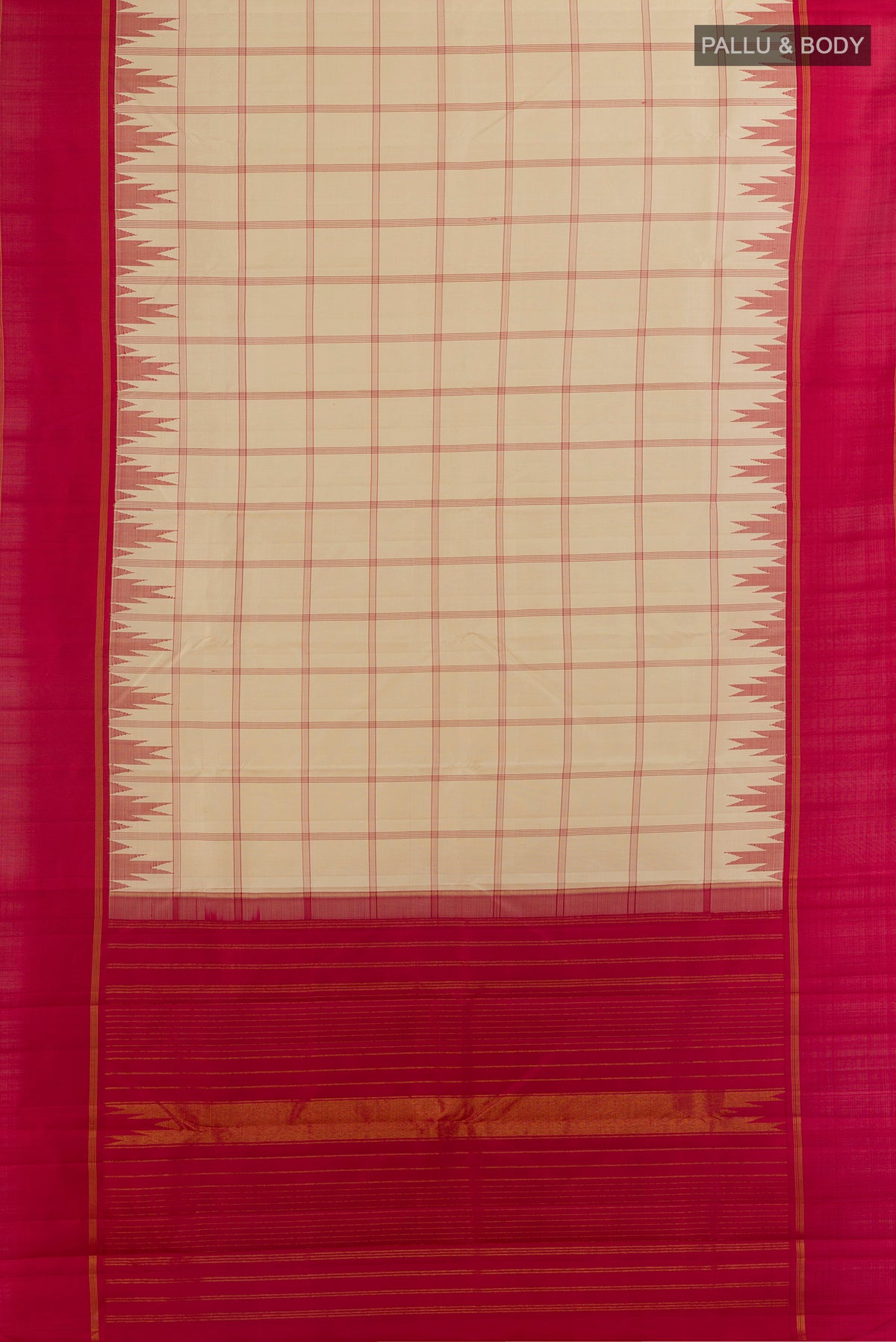 Flat view of Pure Silk Off White Kanjivaram Saree with Checked design on the body and Temple Border. 