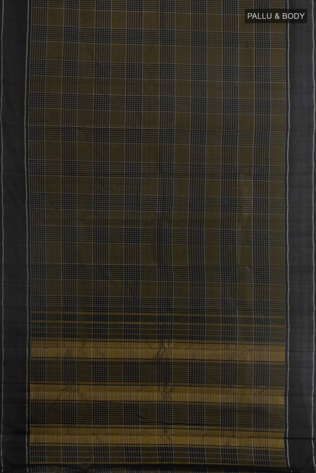 Flat view of Black Kanjivaram Silk Saree with Checked design on the body and Plain Border. 