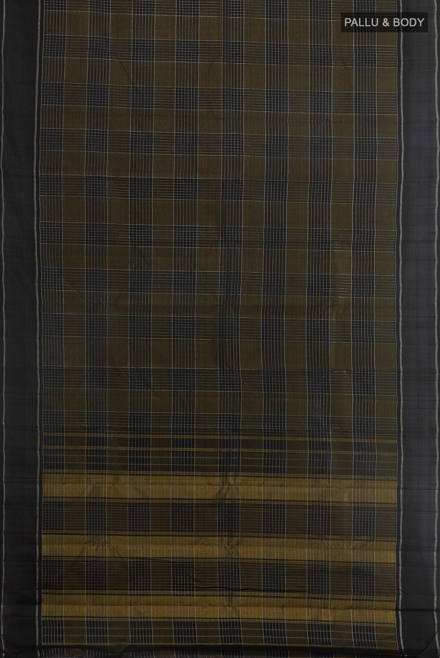 Flat view of Black Kanjivaram Silk Saree with Checked design on the body and Plain Border. 