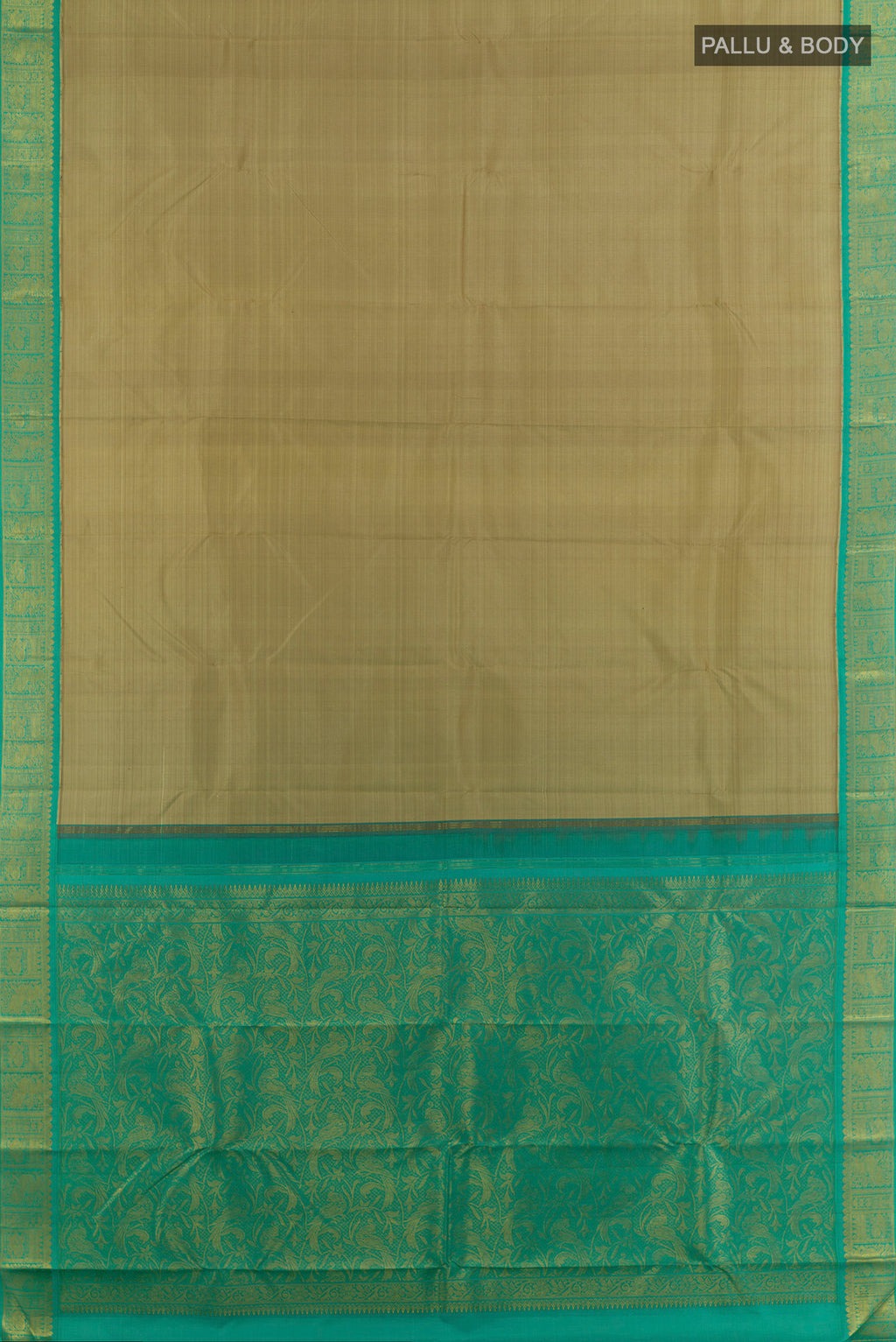 Flat view of Beige Kanjivaram Silk Saree with Plain Body and Zari Border. 