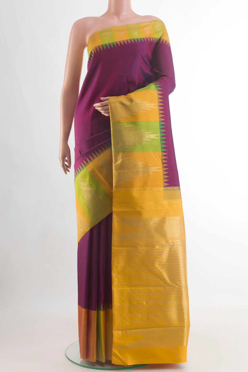 Purple Kanjivaram Silk Saree with Plain Body and Zari Border.  displayed on a mannequin