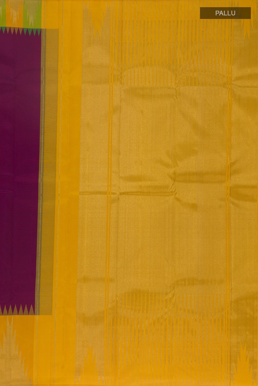 Close up image of the pallu of Purple Kanjivaram Silk Saree with Plain Body and Zari Border. 