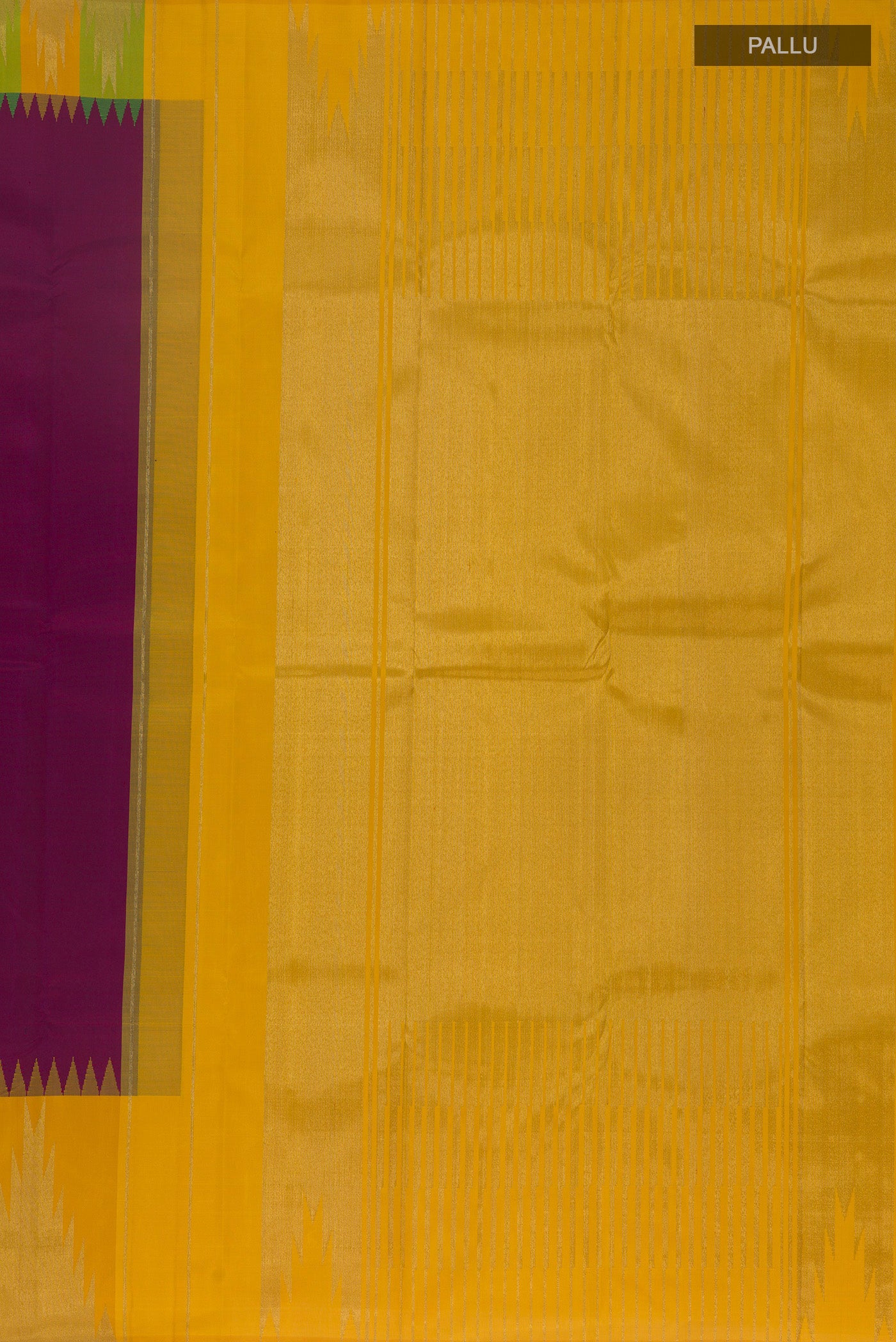 Close up image of the pallu of Purple Kanjivaram Silk Saree with Plain Body and Zari Border. 