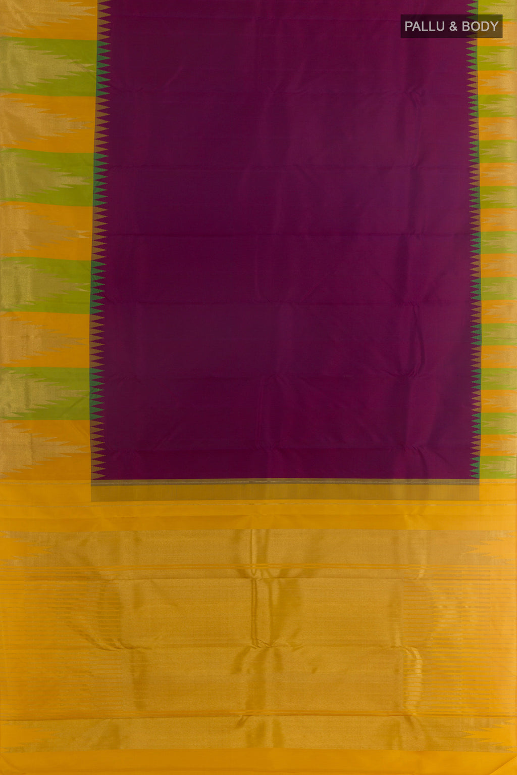 Flat view of Purple Kanjivaram Silk Saree with Plain Body and Zari Border. 