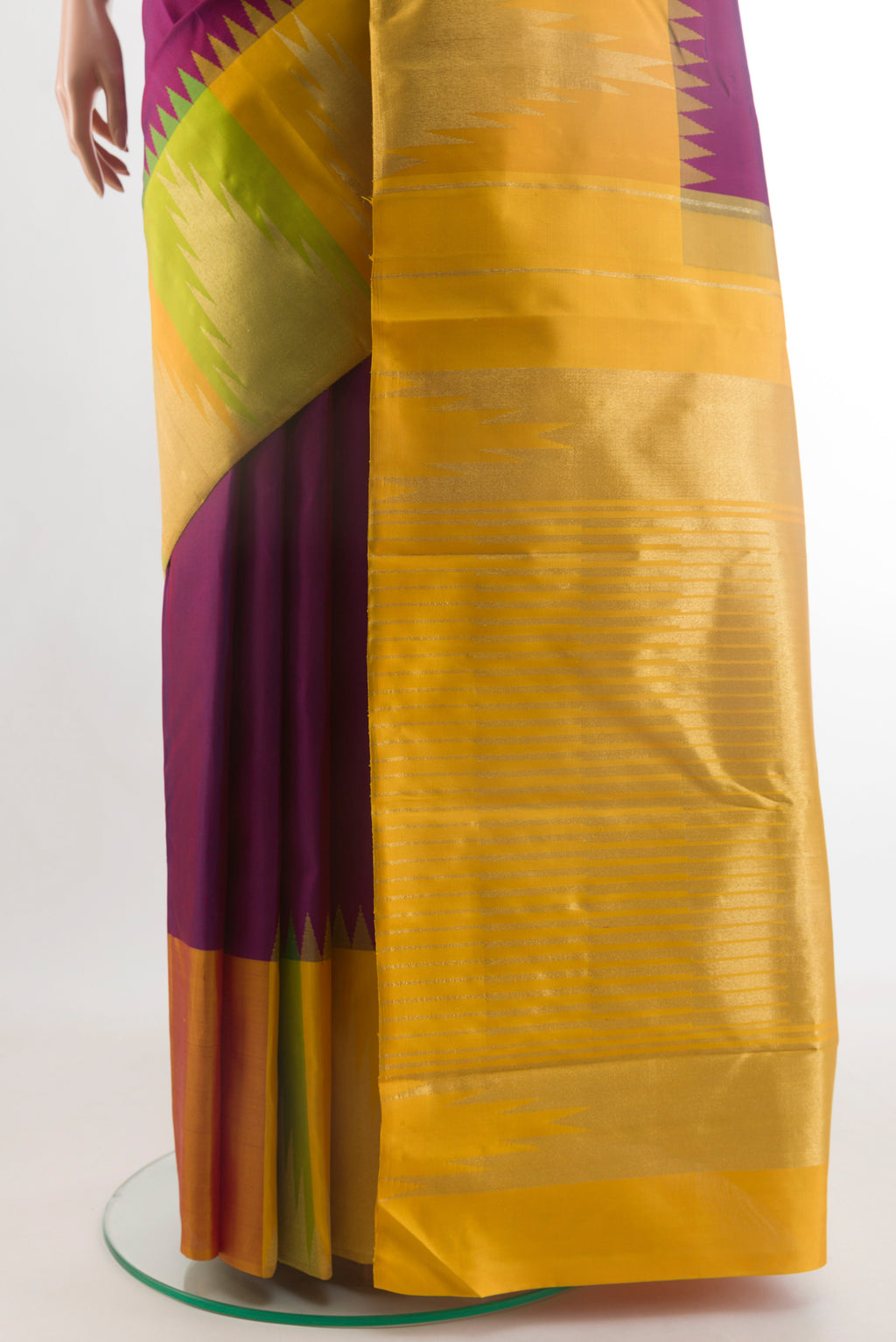 Pleats and pallu of Purple Kanjivaram Silk Saree with Plain Body and Zari Border. 