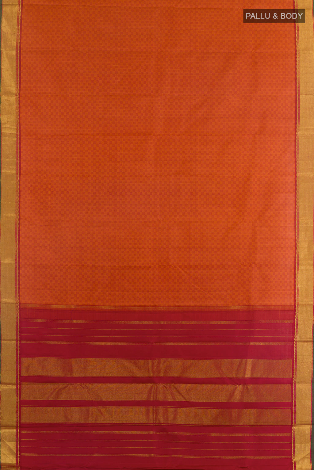 Flat view of Brick Orange Kanchipuram Silk Saree with Jacquard design on the body and Zari Border. 
