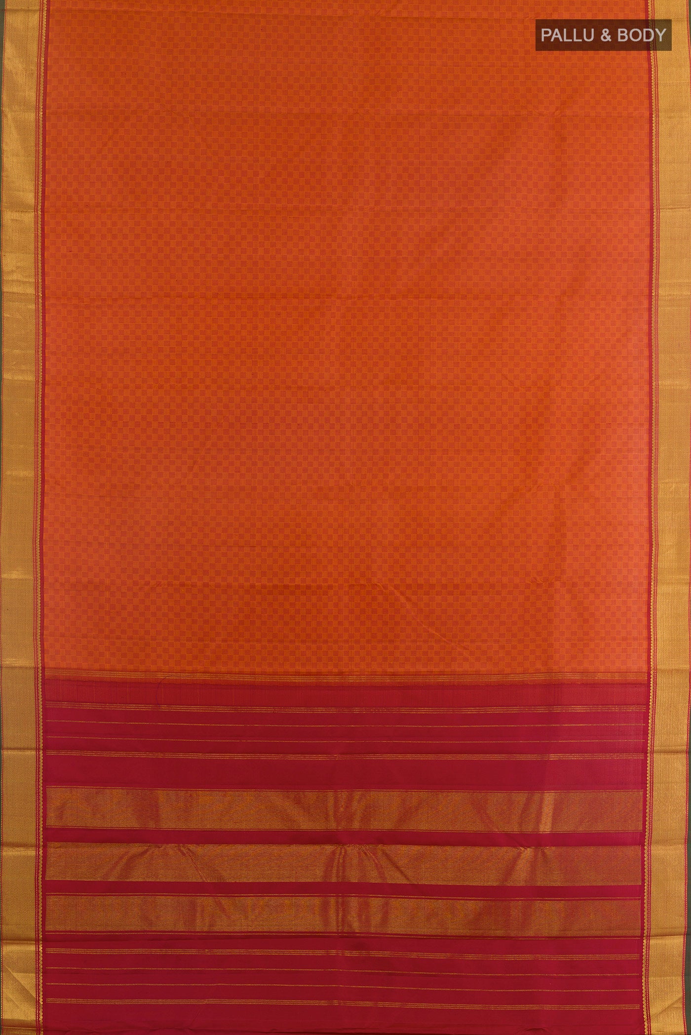 Flat view of Brick Orange Kanchipuram Silk Saree with Jacquard design on the body and Zari Border. 