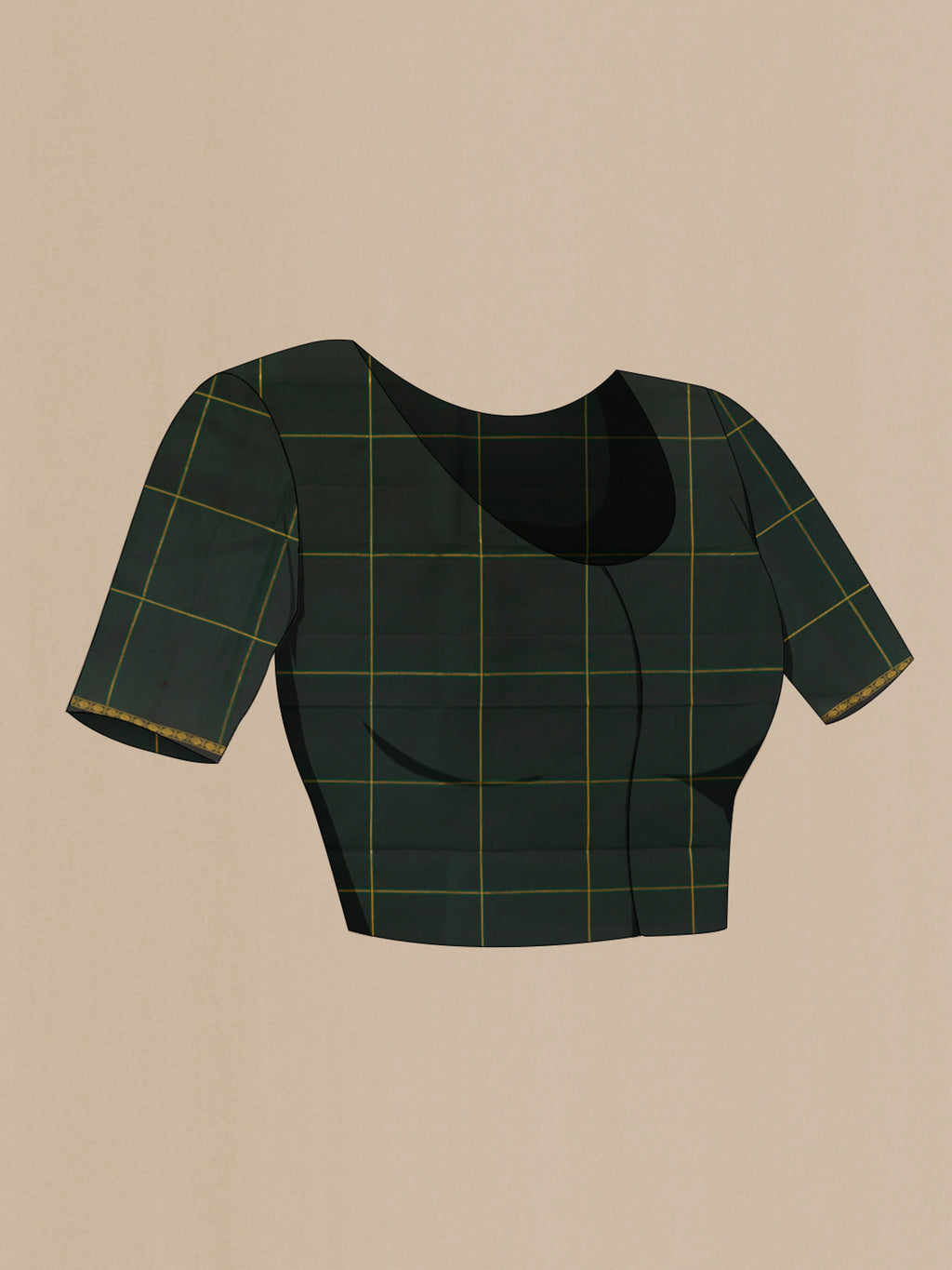 Close up image of the blouse of Bottle Green Kanchipuram Silk Saree with Checked design on the body and Zari Border. 