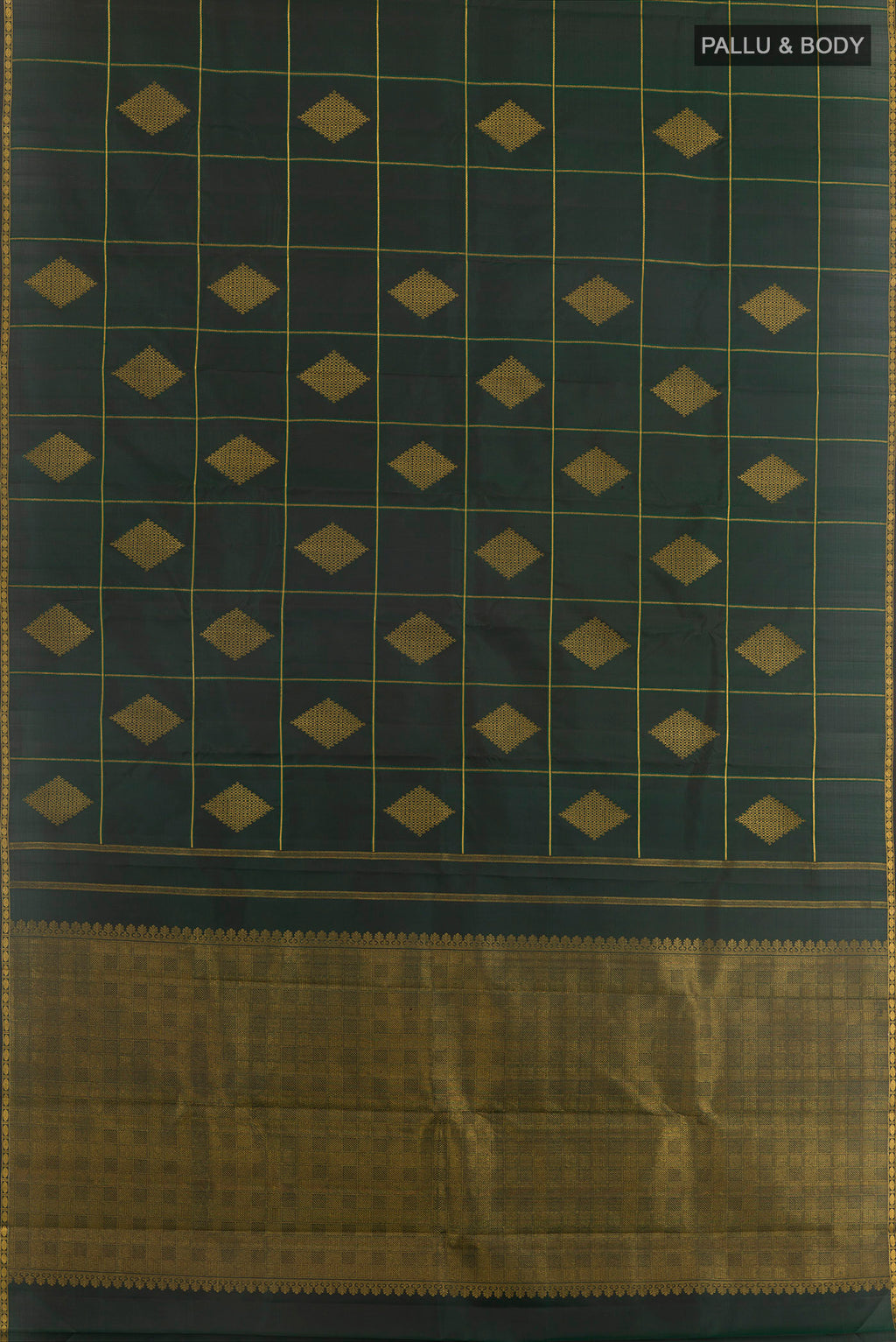 Flat view of Bottle Green Kanchipuram Silk Saree with Checked design on the body and Zari Border. 