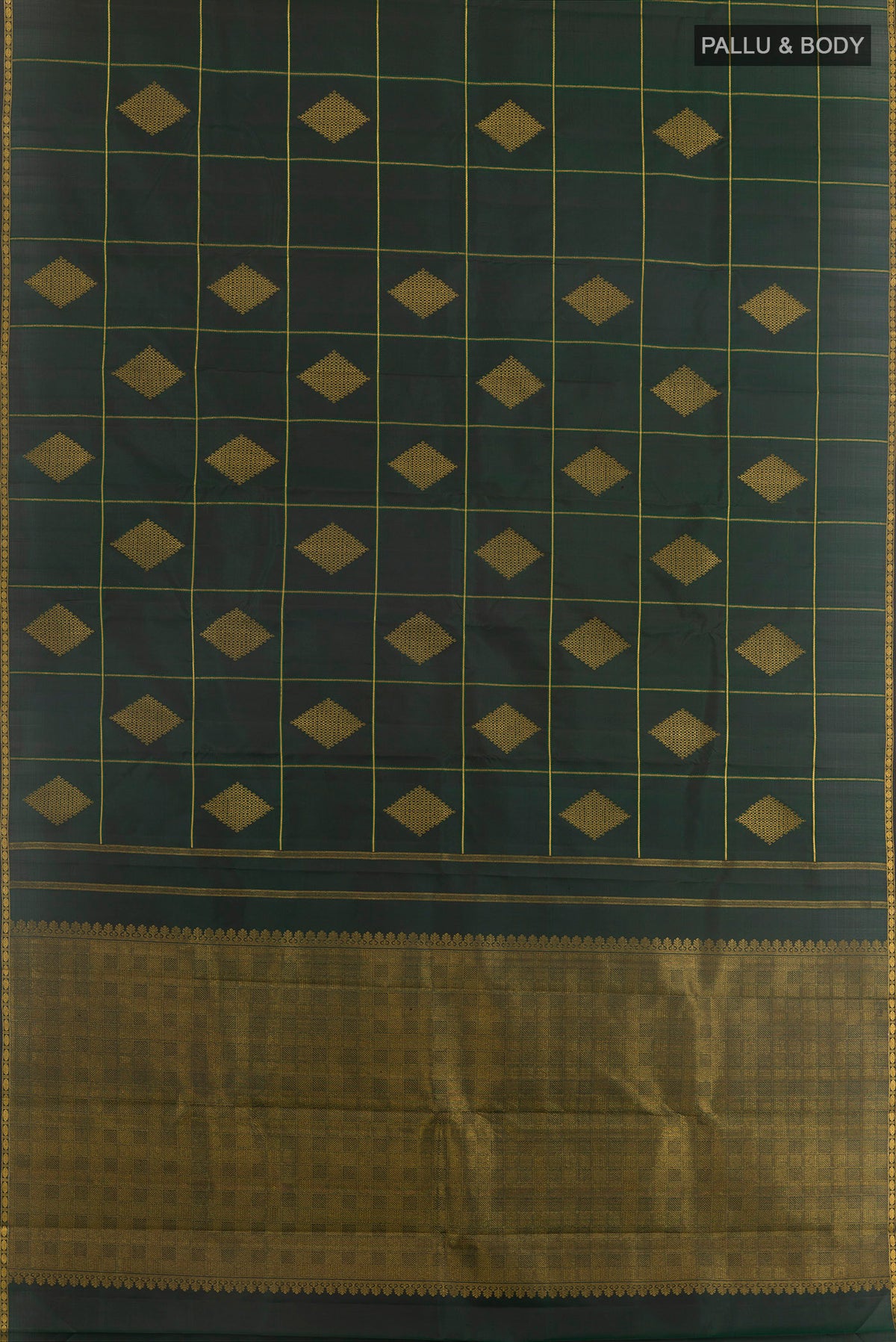 Flat view of Bottle Green Kanchipuram Silk Saree with Checked design on the body and Zari Border. 