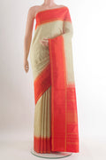 Pure Silk Cream Kanjivaram Saree with Checked design on the body and Plain Border.  displayed on a mannequin