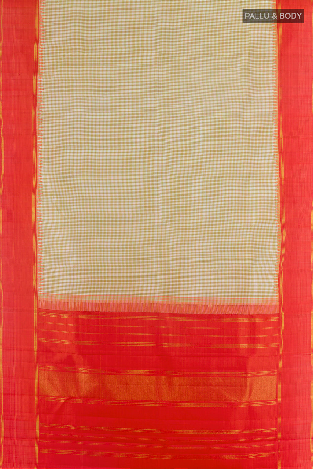 Flat view of Pure Silk Cream Kanjivaram Saree with Checked design on the body and Plain Border. 