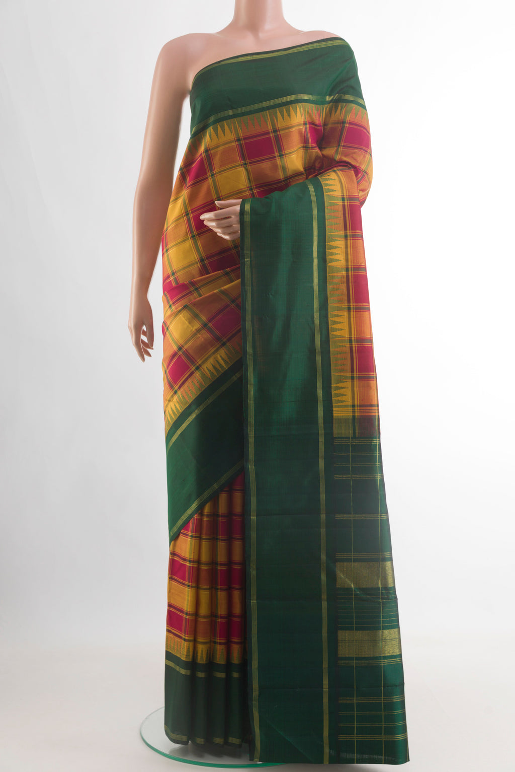 Multi Color Kanjivaram Silk Saree with Checked design on the body and Zari Border.  displayed on a mannequin
