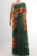 Multi Color Kanjivaram Silk Saree with Checked design on the body and Zari Border.  displayed on a mannequin