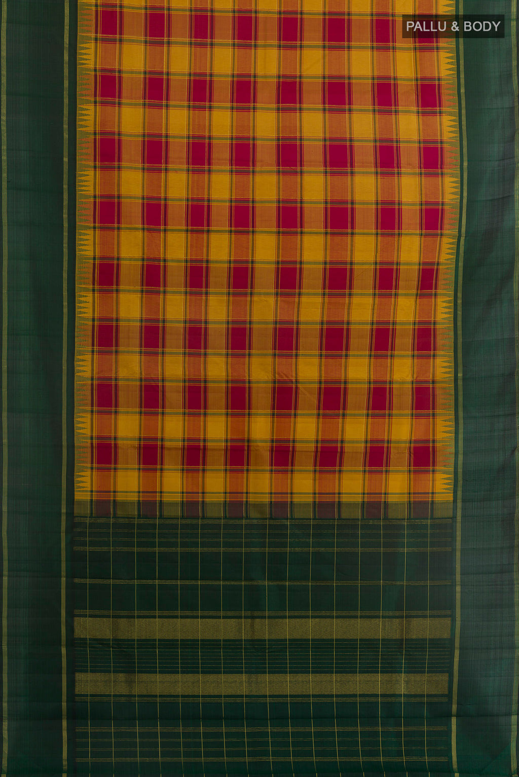 Flat view of Multi Color Kanjivaram Silk Saree with Checked design on the body and Zari Border. 