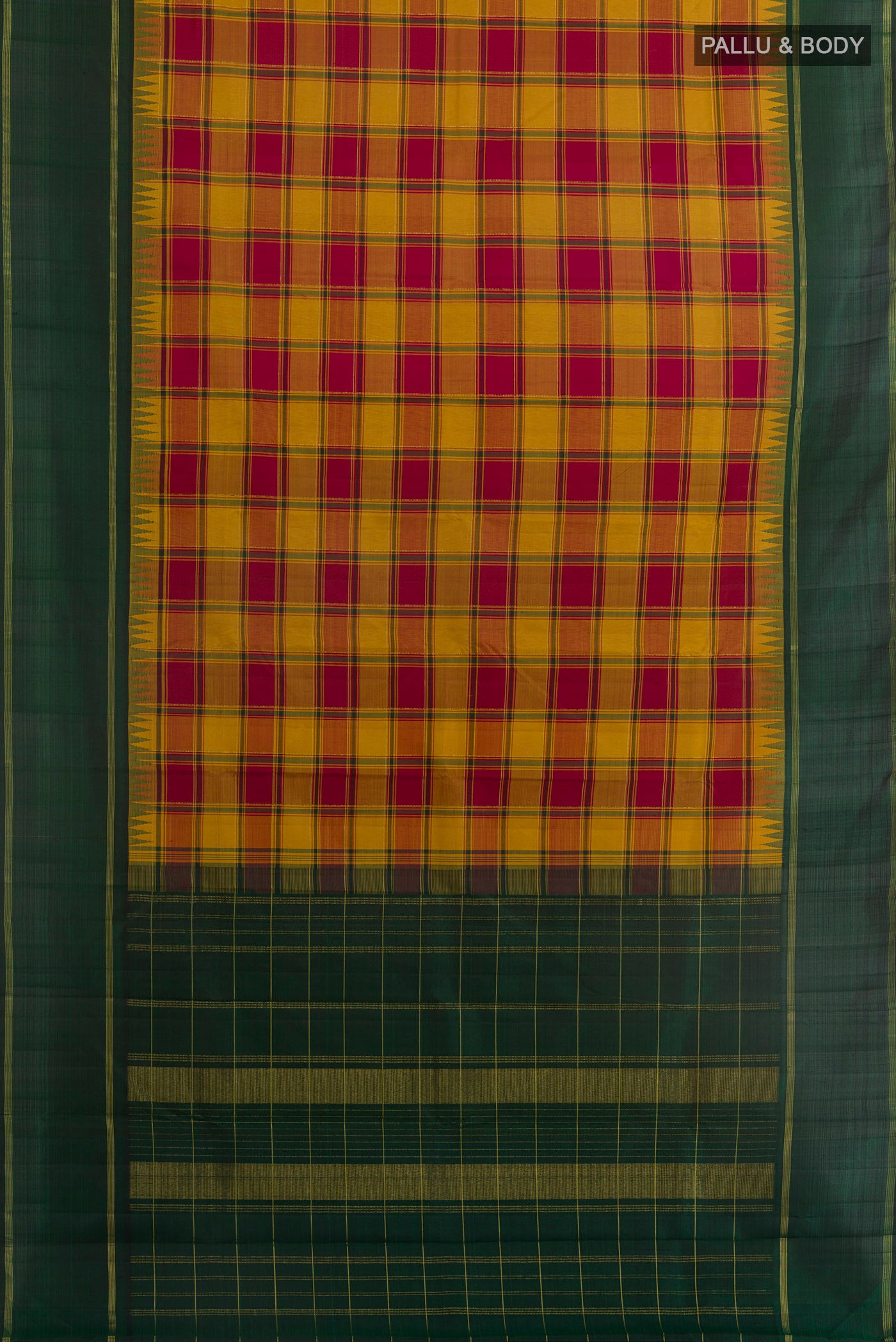 Flat view of Multi Color Kanjivaram Silk Saree with Checked design on the body and Zari Border. 