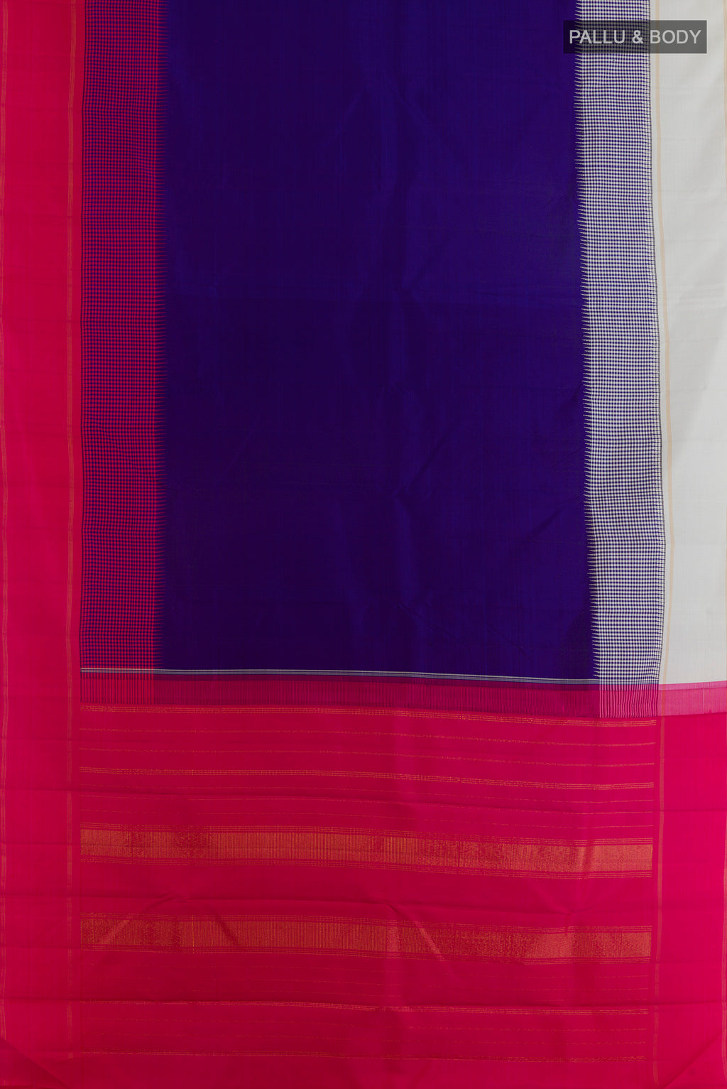 Flat view of Blue Kanjivaram Silk Saree with Plain Body and Ganga Jamuna Border. 