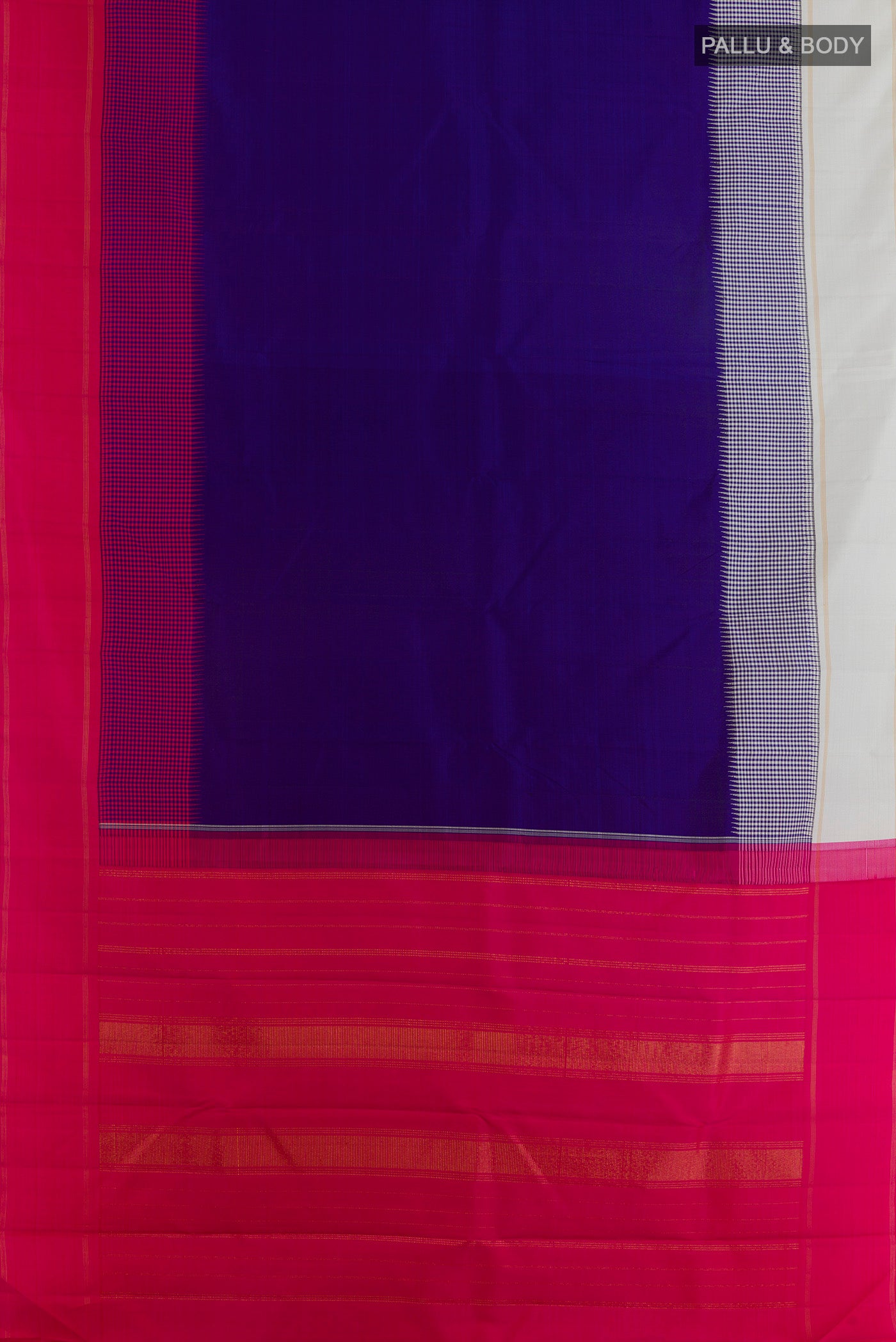 Flat view of Blue Kanjivaram Silk Saree with Plain Body and Ganga Jamuna Border. 