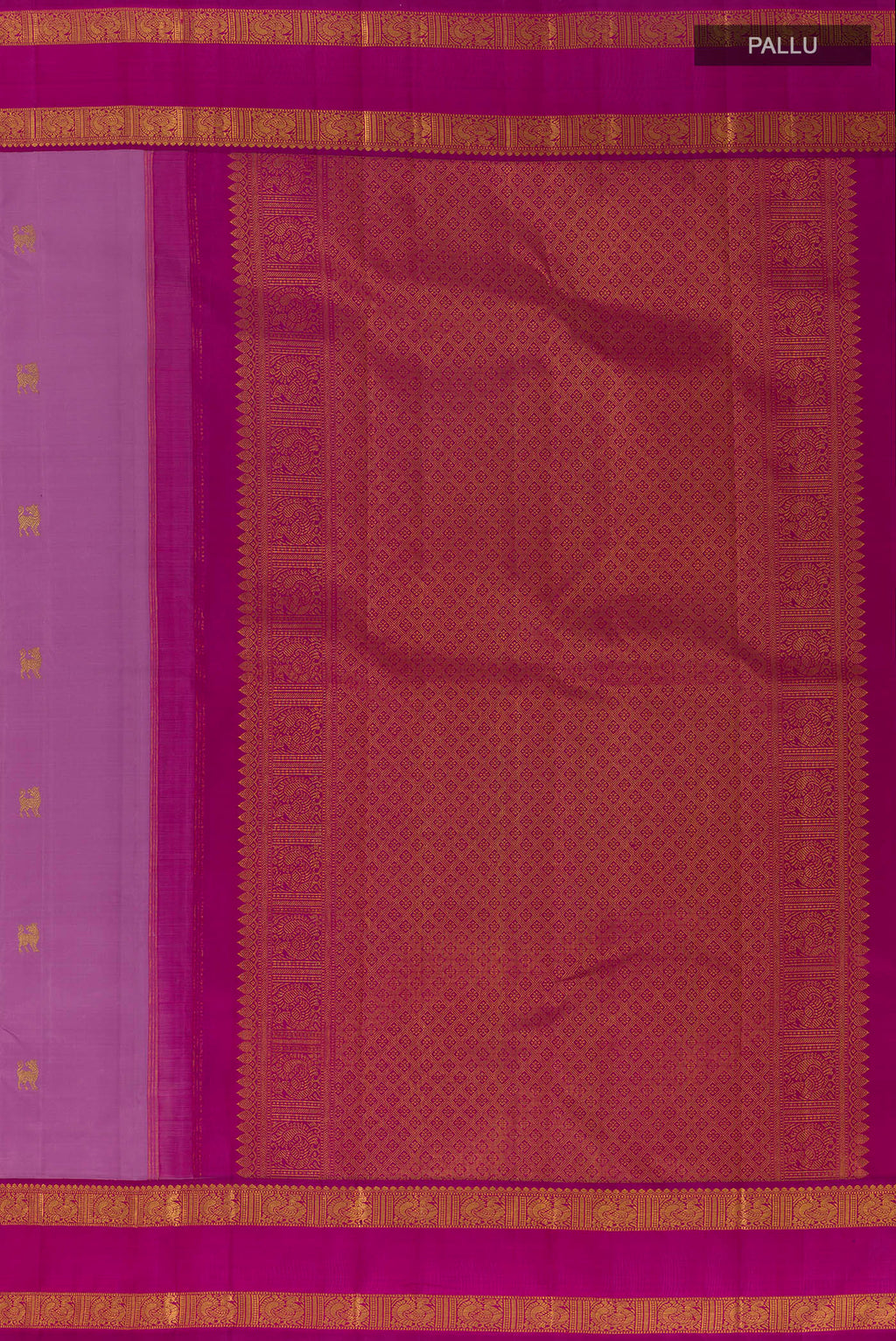 Close up image of the pallu of Lavender Kanjivaram Silk Saree with Zari Butta on the body and Zari Border. 