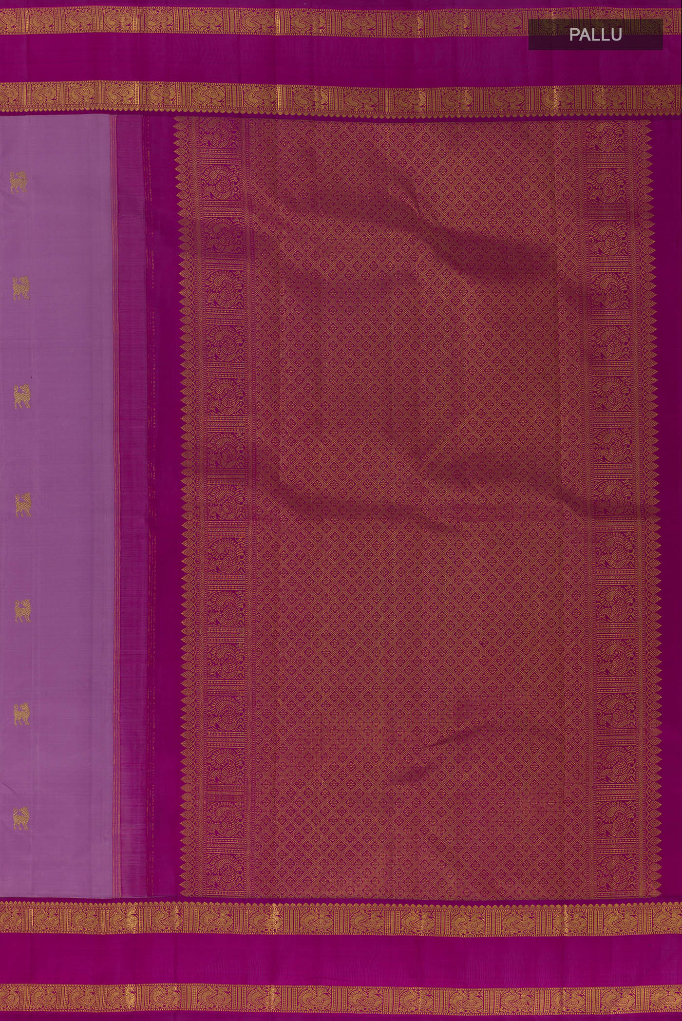 Close up image of the pallu of Lavender Kanjivaram Silk Saree with Zari Butta on the body and Zari Border. 