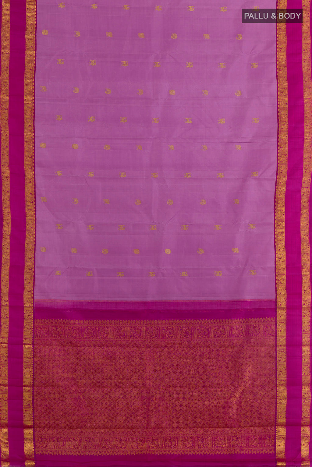 Flat view of Lavender Kanjivaram Silk Saree with Zari Butta on the body and Zari Border. 