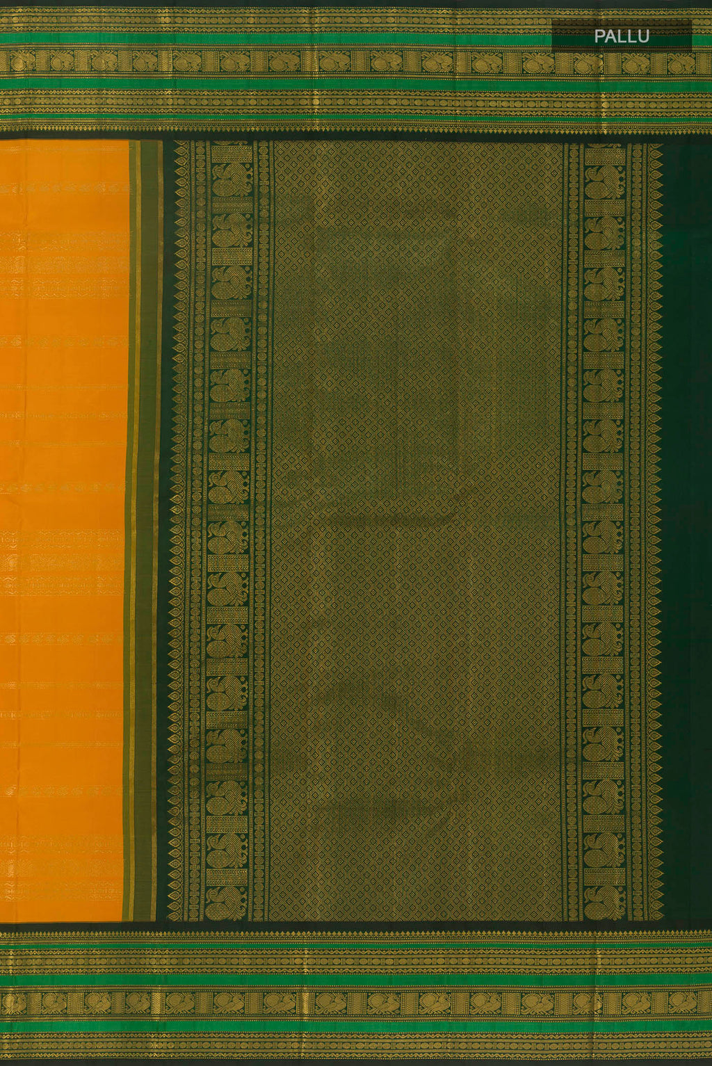 Close up image of the pallu of Yellow Kanchipuram Silk Saree with Stripes on the body and Zari Border. 