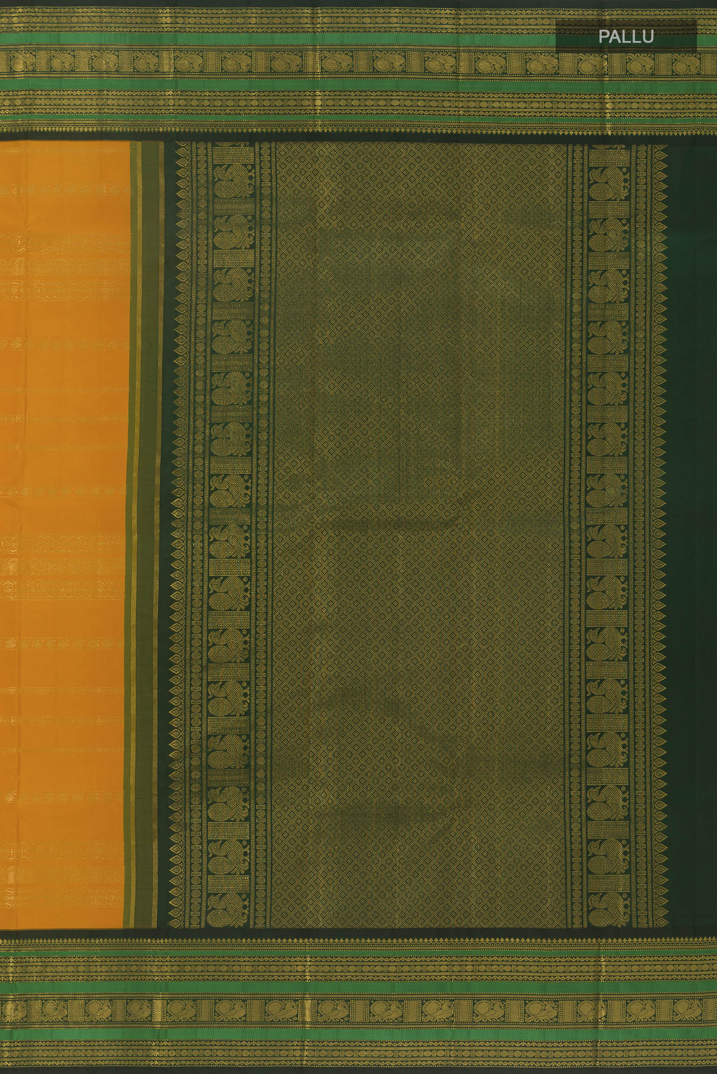 Close up image of the pallu of Yellow Kanchipuram Silk Saree with Stripes on the body and Zari Border. 