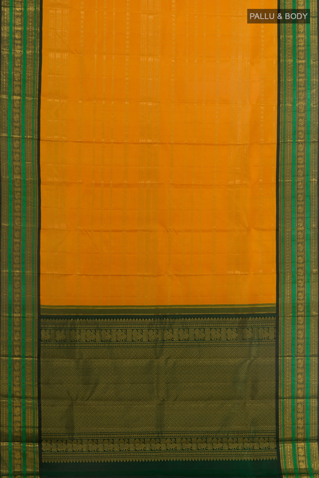 Flat view of Yellow Kanchipuram Silk Saree with Stripes on the body and Zari Border. 