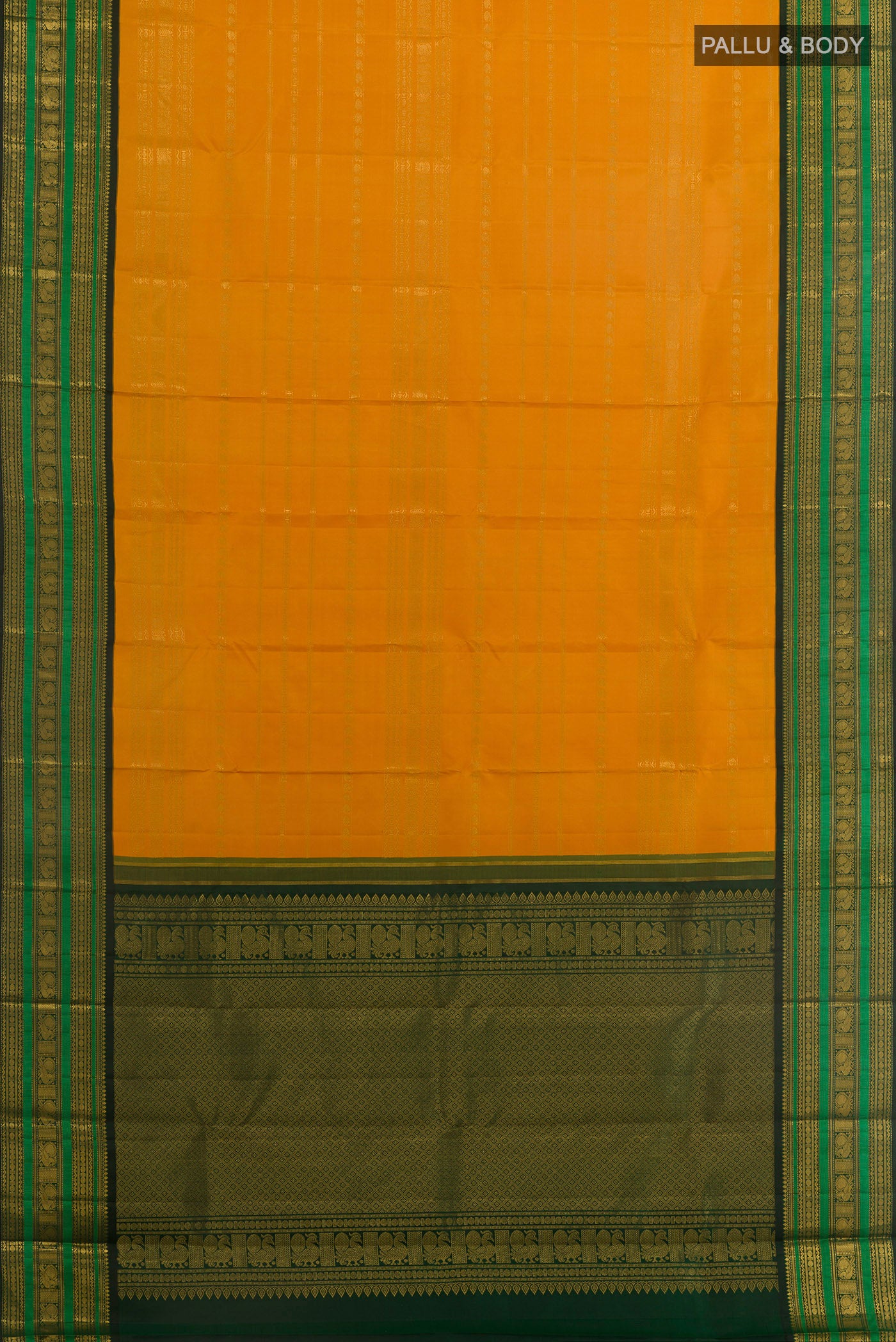 Flat view of Yellow Kanchipuram Silk Saree with Stripes on the body and Zari Border. 