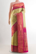 Sandal Kanchipuram Silk Saree with Stripes on the body and Zari Border.  displayed on a mannequin