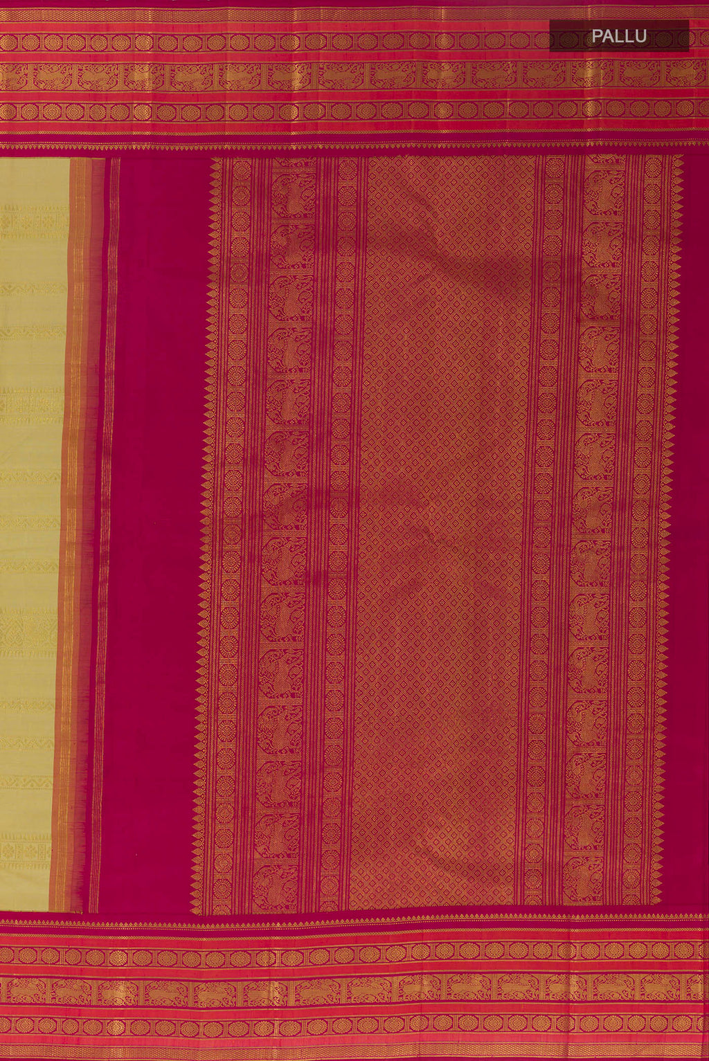 Close up image of the pallu of Sandal Kanchipuram Silk Saree with Stripes on the body and Zari Border. 