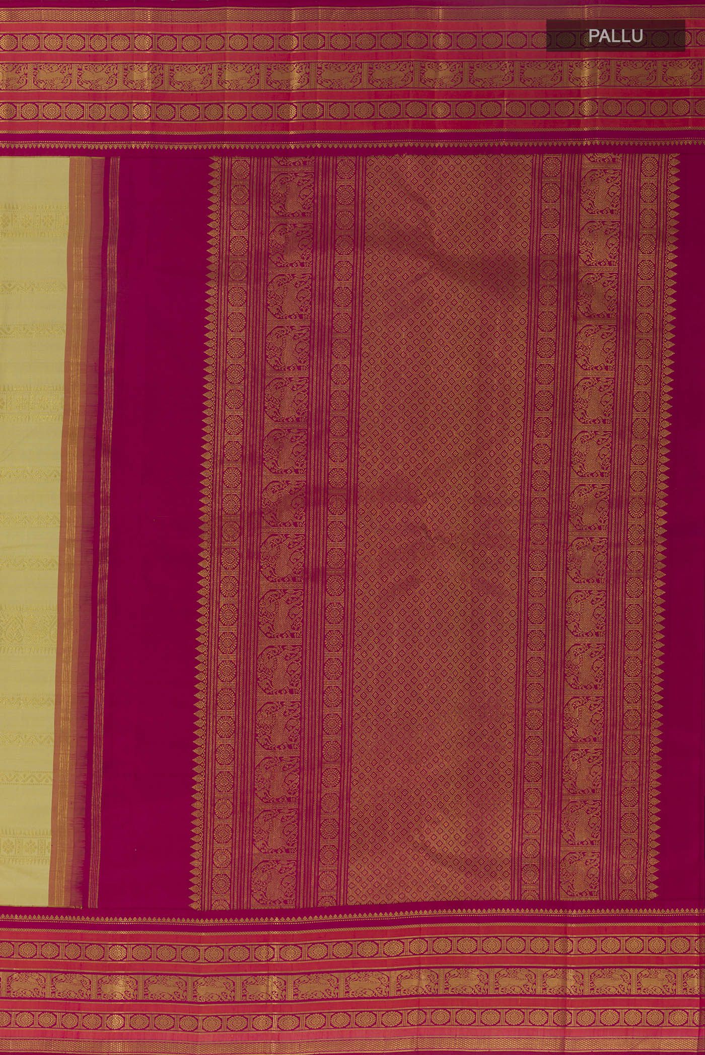 Close up image of the pallu of Sandal Kanchipuram Silk Saree with Stripes on the body and Zari Border. 