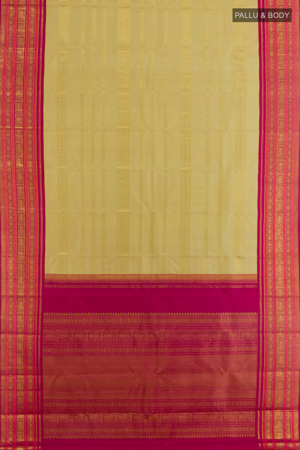 Flat view of Sandal Kanchipuram Silk Saree with Stripes on the body and Zari Border. 