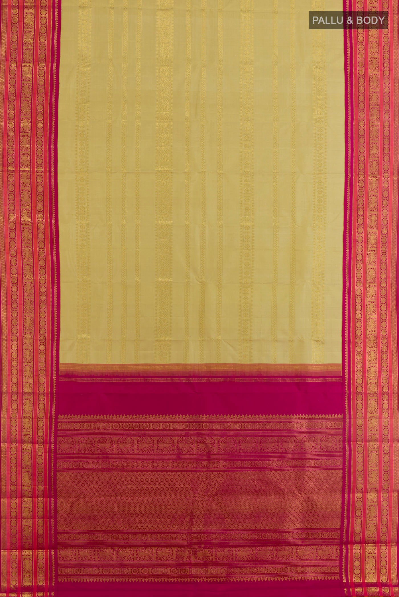 Flat view of Sandal Kanchipuram Silk Saree with Stripes on the body and Zari Border. 