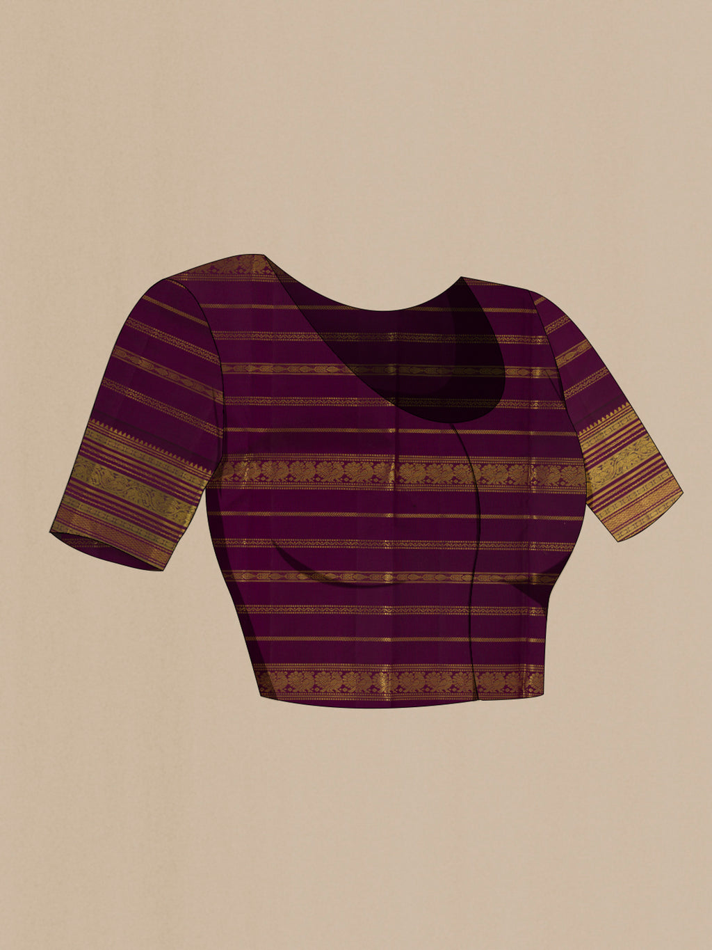 Close up image of the blouse of Cream Kanchipuram Silk Saree with Stripes on the body and Ganga Jamuna Border. 