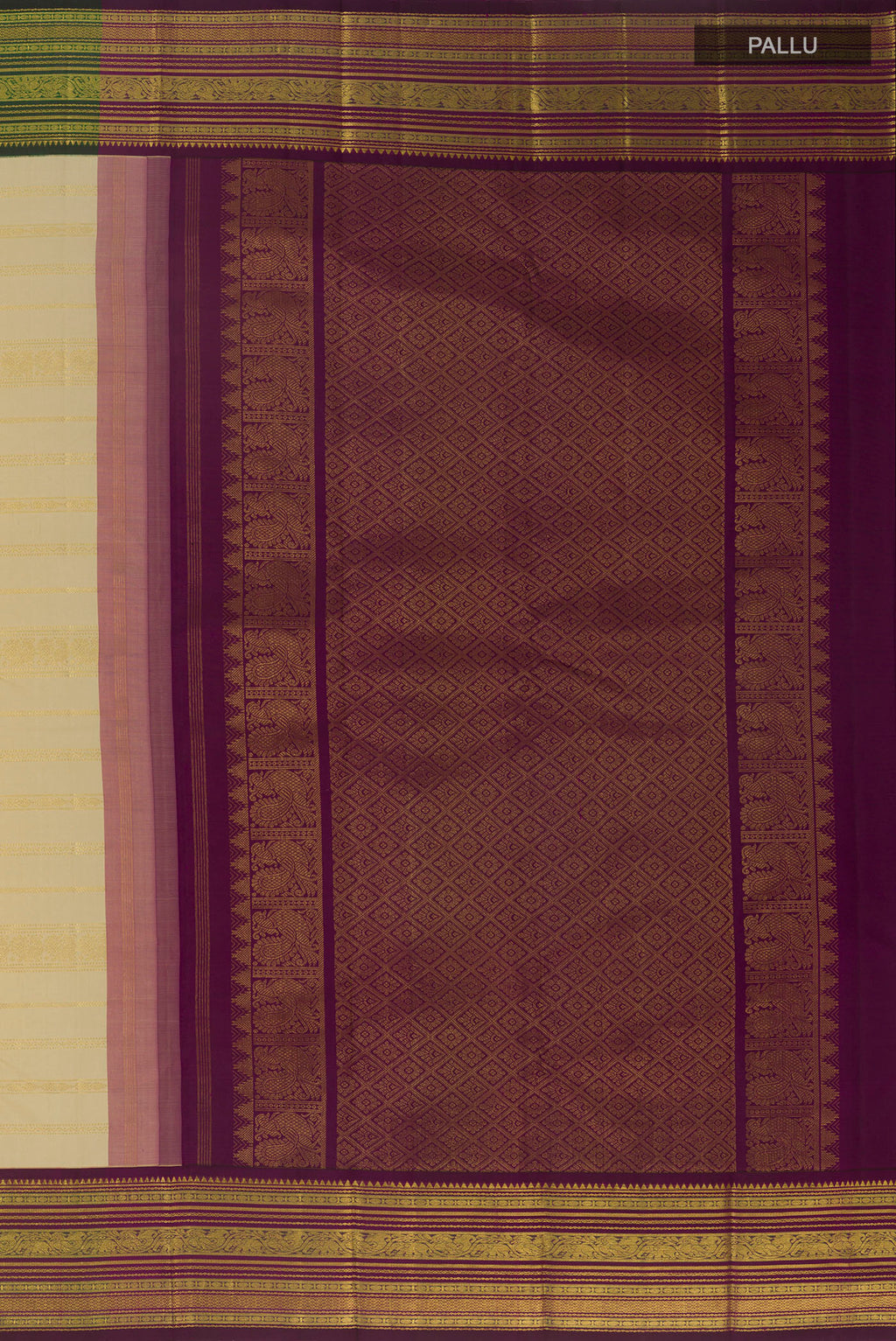 Close up image of the pallu of Cream Kanchipuram Silk Saree with Stripes on the body and Ganga Jamuna Border. 