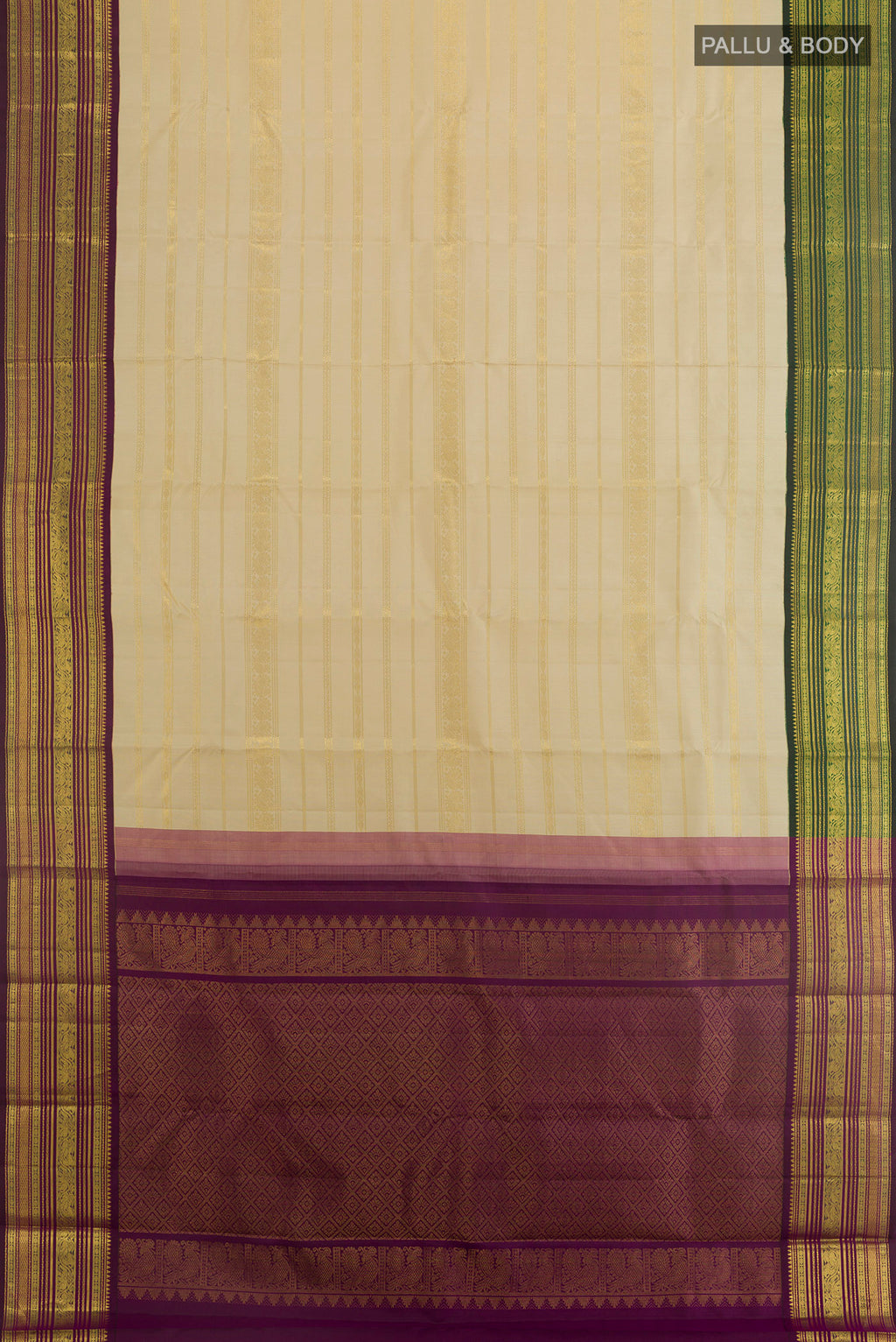 Flat view of Cream Kanchipuram Silk Saree with Stripes on the body and Ganga Jamuna Border. 