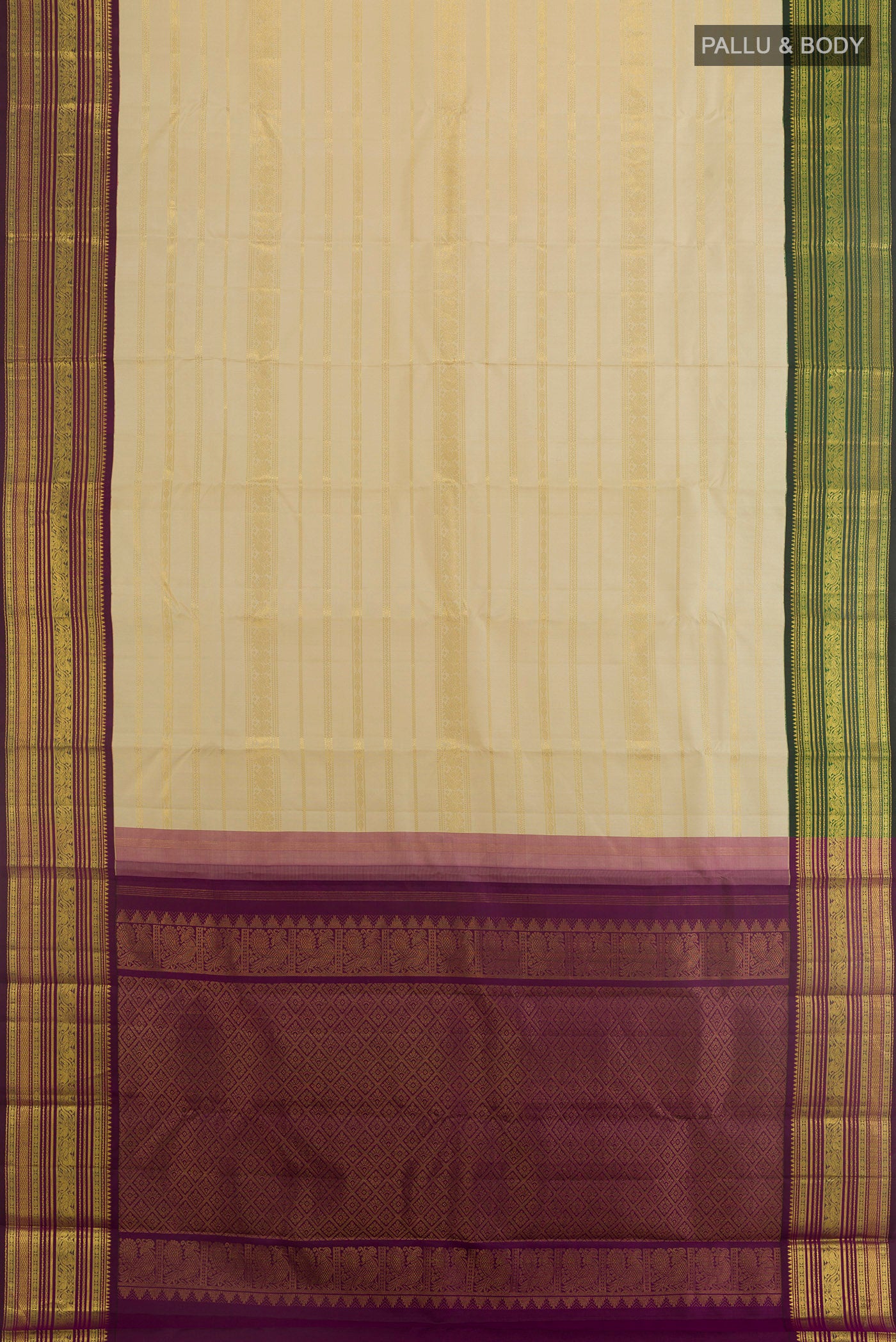 Flat view of Cream Kanchipuram Silk Saree with Stripes on the body and Ganga Jamuna Border. 