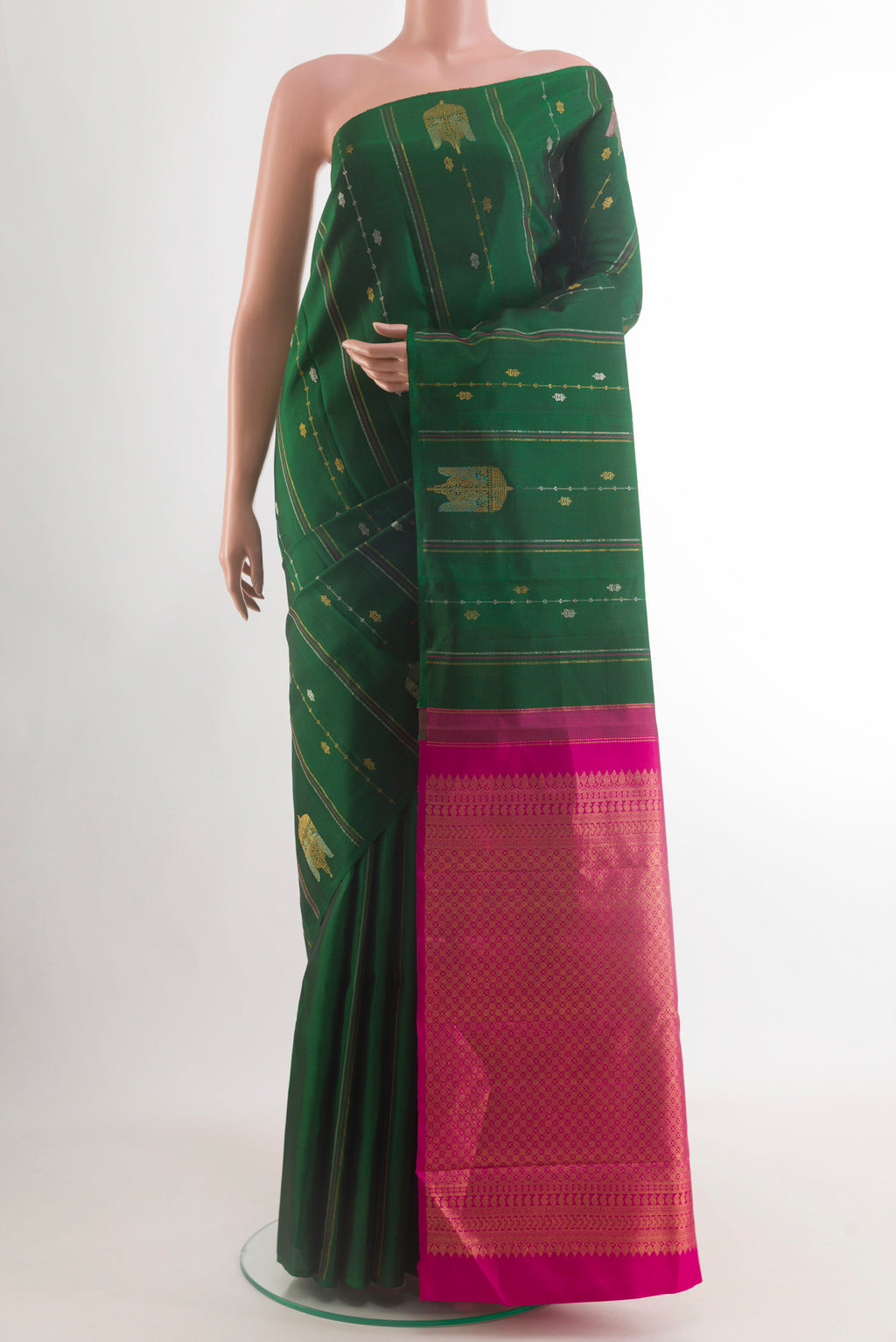 Bottle Green Kanjivaram Silk Saree with Stripes on the body and Without Border.  displayed on a mannequin
