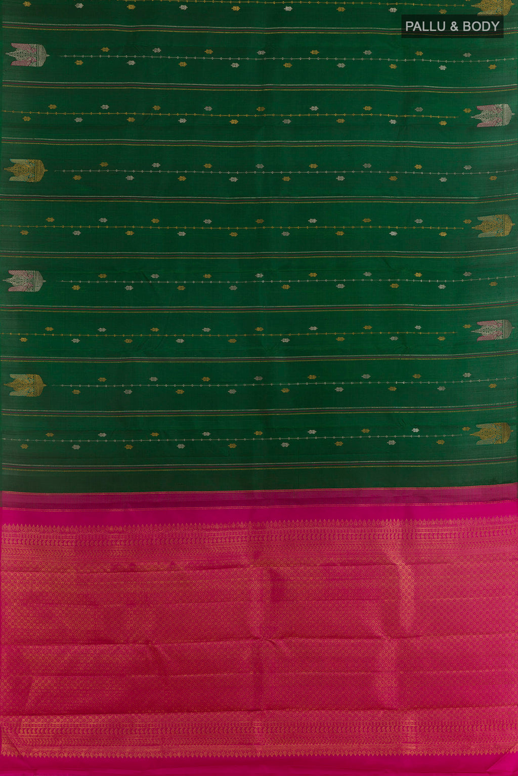Flat view of Bottle Green Kanjivaram Silk Saree with Stripes on the body and Without Border. 
