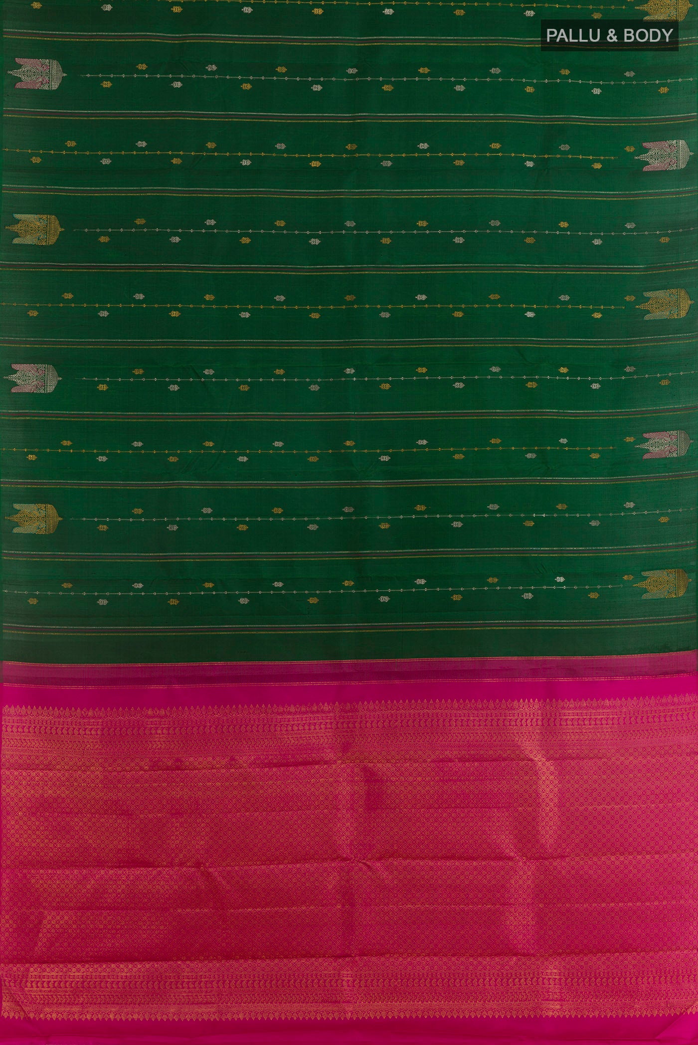 Flat view of Bottle Green Kanjivaram Silk Saree with Stripes on the body and Without Border. 