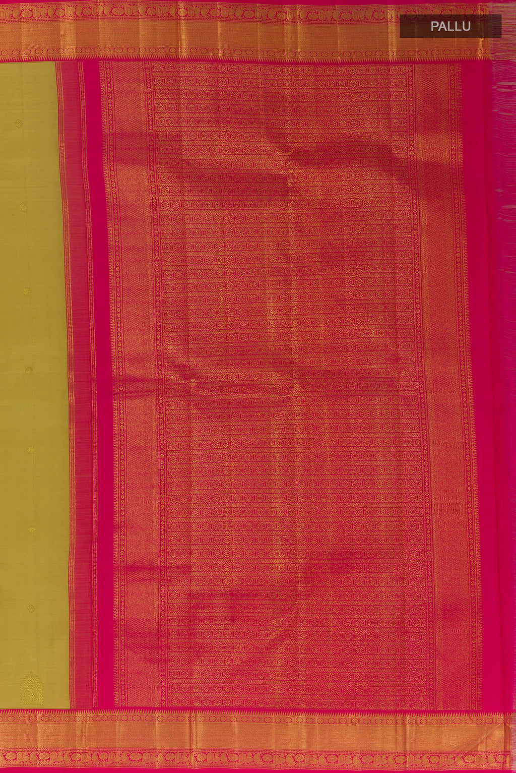 Close up image of the pallu of Beige Kanjivaram Silk Saree with Zari Butta on the body and Zari Border. 